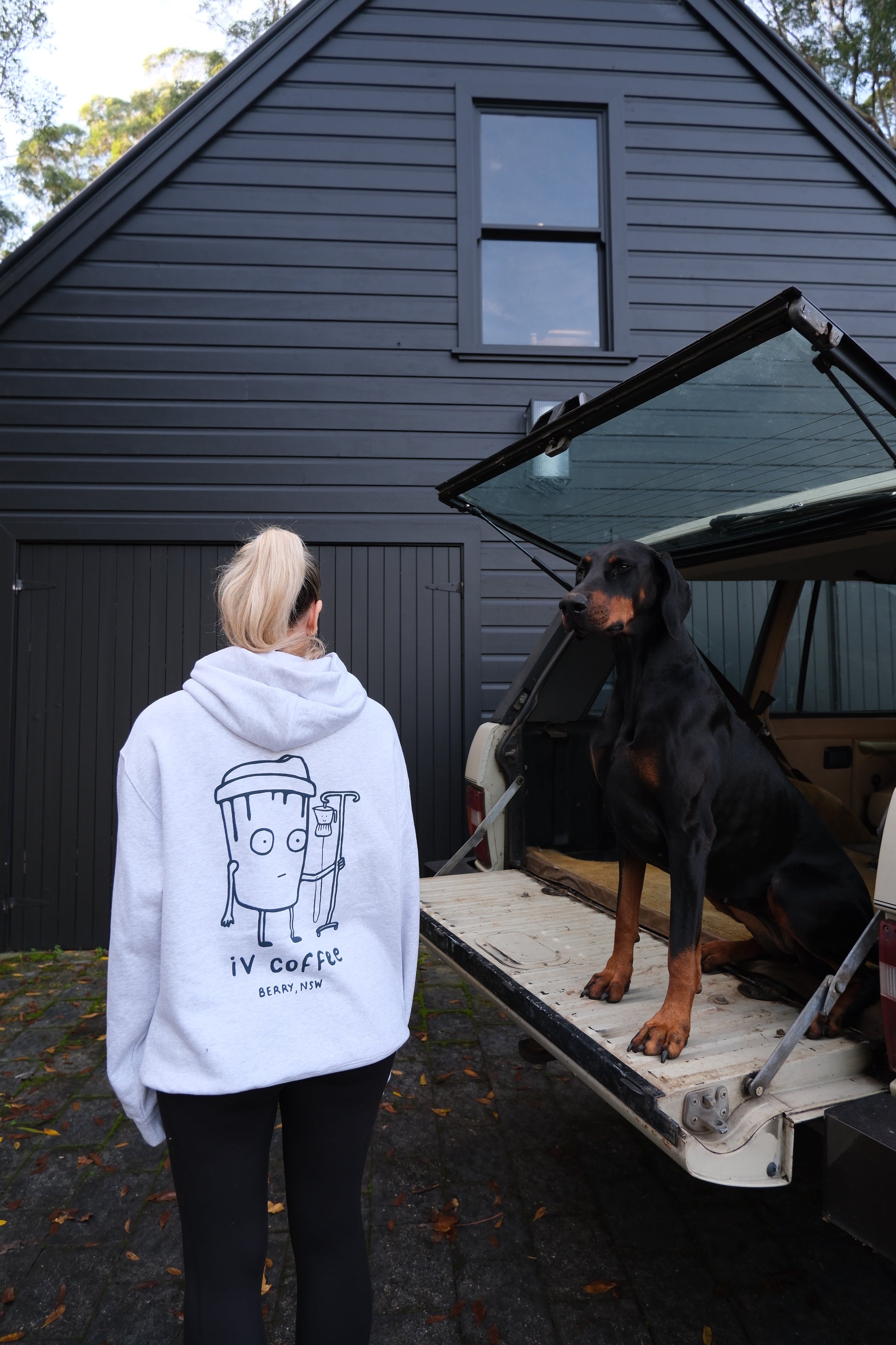 iv hoodie, grey body with navy print (also in black with white print)